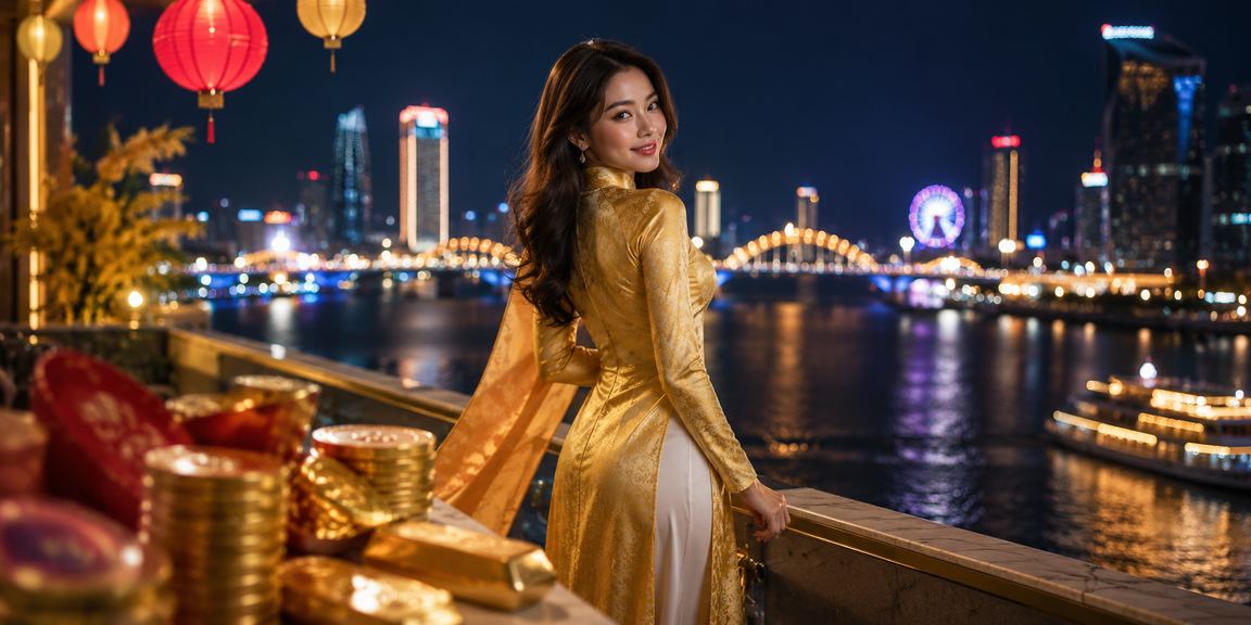 Phụ nữ mặc áo dài tại Đà Nẵng sử dụng điện thoại theo dõi kết quả thể thao và giải trí trực tuyến