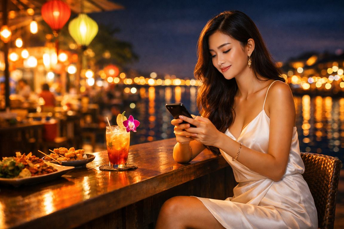 Người dùng trải nghiệm casino di động tại chợ đêm vùng Mekong